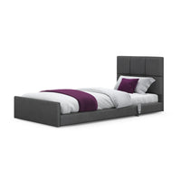 Opera Beds Solo Comfort Profiling Floor Bed with white bedding, purple blanket and custom headboard, front view.