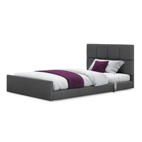 Opera Beds Solo Comfort Profiling Floor Bed with padded headboard, white bedding, purple accents, front view.