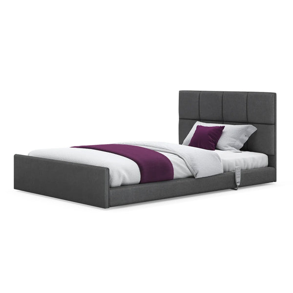 Opera Beds Solo Comfort Profiling Floor Bed with padded headboard, white bedding, purple accents, front view.