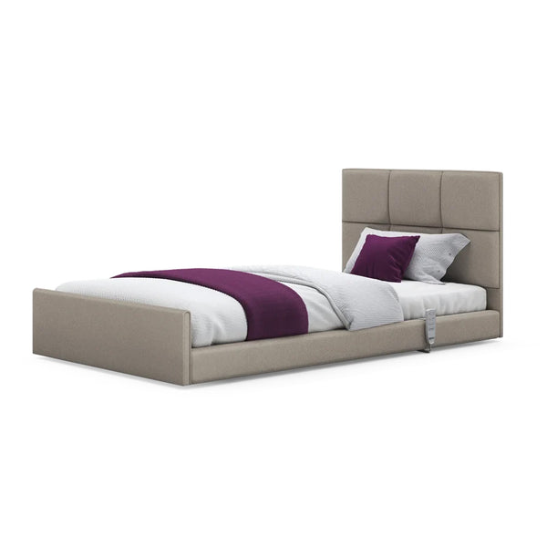 Opera Beds Solo Comfort Profiling Floor Bed with white bedding, purple accent pillows and throw, front view.