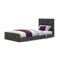 Opera Beds Solo Comfort Profiling Floor Bed with dark frame, white bedding, purple accents and custom headboard, front view.
