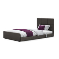 Solo Comfort Profiling Floor Bed with tall headboard, white bedding and purple accents, front view.