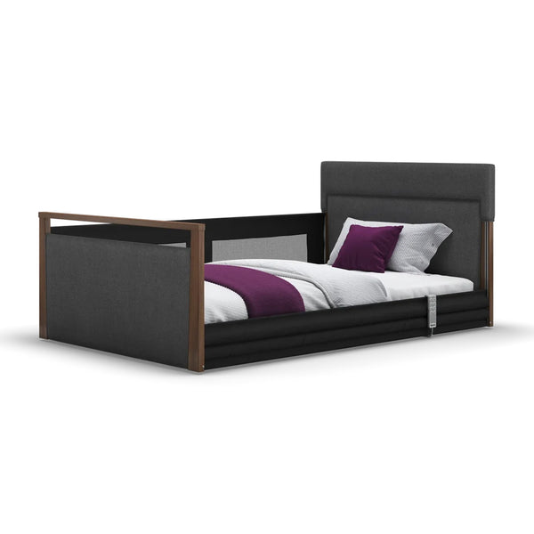 Solo SafeSide Upholstered Profiling Floor Bed by Opera Beds with white bedding and purple accents, front view.