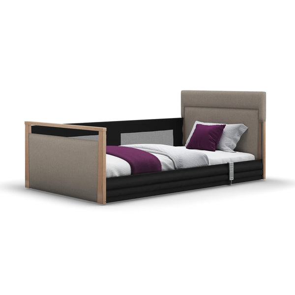 Solo SafeSide Upholstered Profiling Floor Bed with headboard and wooden frame in linen fabric, front view.