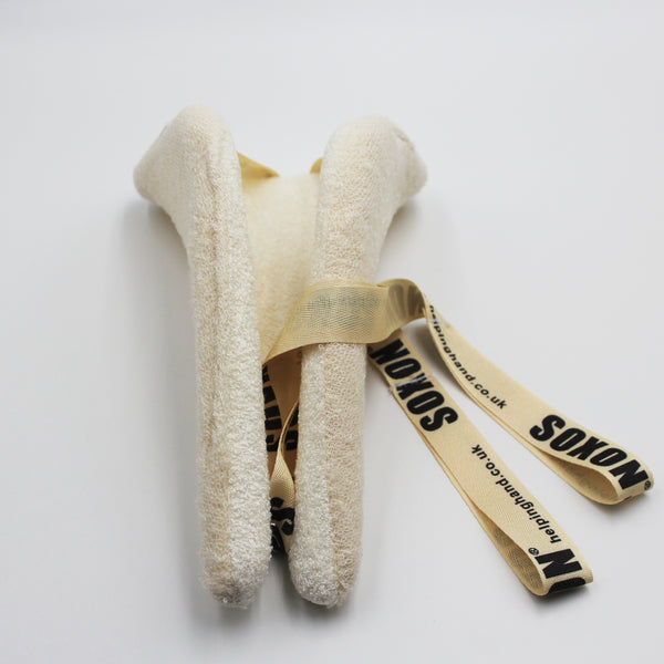 Helping Hand Soxon Sock / Stocking Aid with terry toe separators and elastic strap, on white background, front view.