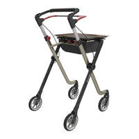 Rehasense Space I Indoor Rollator with four wheels, tray, adjustable frame and ergonomic handles, front view.
