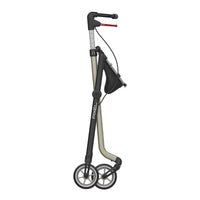 Folded Rehasense Space I Indoor Rollator with adjustable handlebar and hand brake, side view.