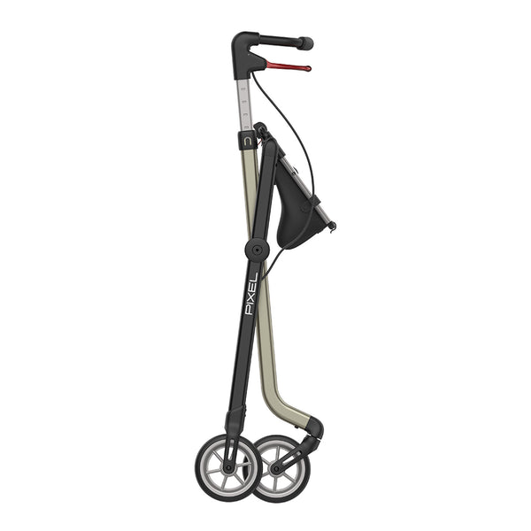 Folded Rehasense Space I Indoor Rollator with adjustable handlebar and hand brake, side view.