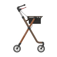 Rehasense Space I Indoor Rollator with four wheels, adjustable handles and storage box, side view.