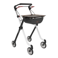 Rehasense Space I Indoor Rollator with 4 wheels, height adjustable frame, hand brake control bar, front view.