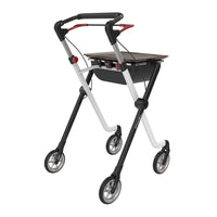 Rehasense Space I Indoor Rollator with four wheels, height adjustable handles, tray, pouch and hand brake, front angle view.