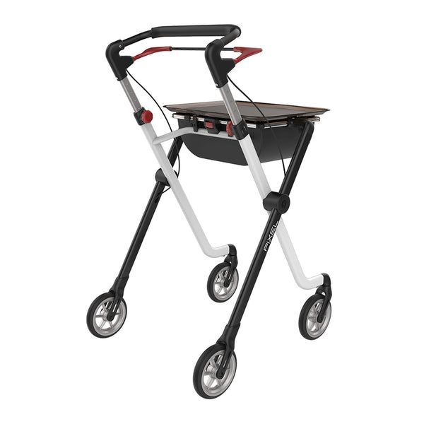 Rehasense Space I Indoor Rollator with four wheels, height adjustable handles, tray, pouch and hand brake, front angle view.