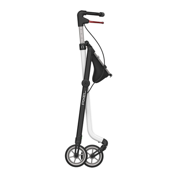 Rehasense Space I Indoor Rollator, compact and foldable with two wheels and height-adjustable handle, side view.