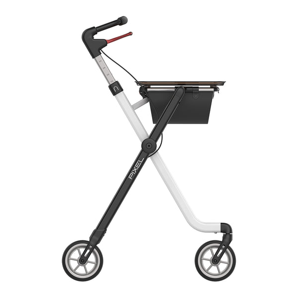 Rehasense Space I Indoor Rollator with four wheels, height adjustable handles and basket under handlebar, front view.