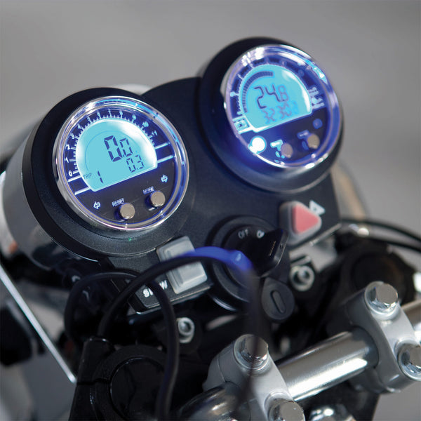 Drive Sport Rider Scooter dashboard with digital speedometer and controls, close-up.
