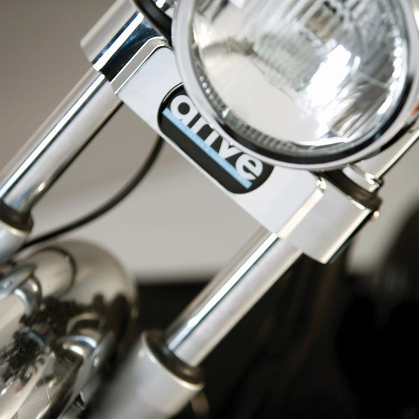Sport Rider Scooter front with Drive badge, headlight and suspension, close-up view.