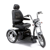 Drive Sport Rider Scooter with all-round suspension, high-back seat, armrests and motorcycle-style handlebars, front angle view.