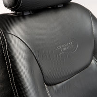 Drive Sport Rider Scooter seat with perforations, stitching detail, adjustable backrest and embossed logo, close-up.