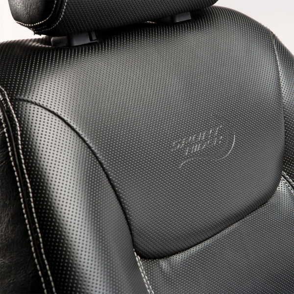 Drive Sport Rider Scooter seat with perforations, stitching detail, adjustable backrest and embossed logo, close-up.