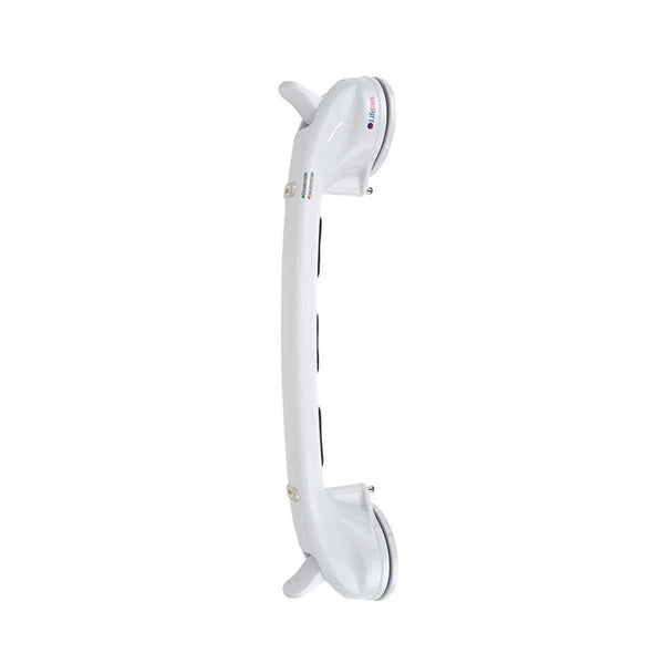 Lifemax Stick ‘n’ Stay Grab Bar with locking suction cups and safety indicator, bathroom support, close-up.