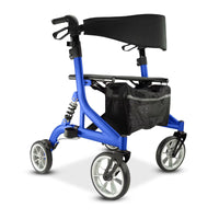 Urathon Stratus Bariatric Suspension Rollator with four wheels, folding frame, black seat and backrest, mesh pouch, front view.