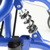 Close-up of Urathon Stratus Bariatric Suspension Rollator with black and silver spring and wide padded seat.