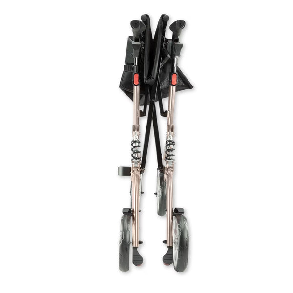 Urathon Stratus Bariatric Suspension Rollator with wheels, handles, and folded frame, rear view.