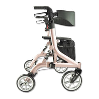 Urathon Stratus Bariatric Suspension Rollator with seat, black backrest and storage bag, side view.