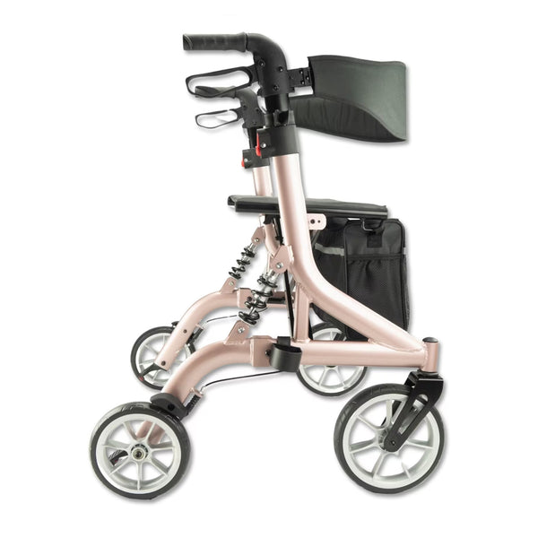 Urathon Stratus Bariatric Suspension Rollator with seat, black backrest and storage bag, side view.