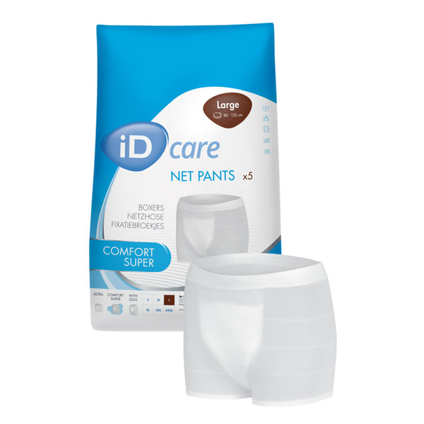 Able2 Stretch Pants short leg length 5-pack for wearing with incontinence pads, packaging displayed, front view.