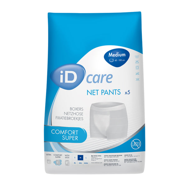 Able2 Stretch Pants short leg, pack of 5, medium size, designed to hold incontinence pads securely, front view.