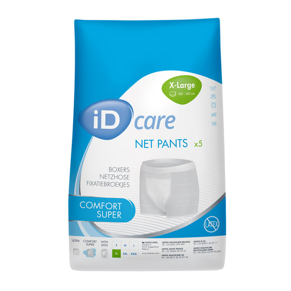 Able2 Stretch Pants Short Leg Length 5 pack, X-Large, packaging with secure fit illustration for incontinence pads, front view.