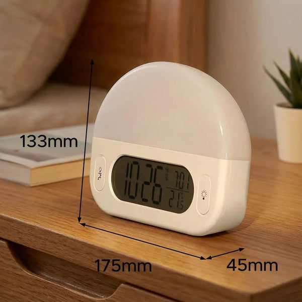Lifemax Sunrise Alarm Clock on a wooden table with size labels 133mm tall, 175mm wide, 45mm deep, front view.