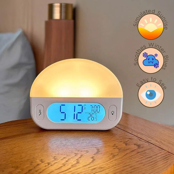 Lifemax Sunrise Alarm Clock with wake-up light and sunrise simulation on a nightstand, bright icons shown, front view.