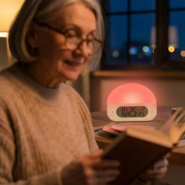 Lifemax Sunrise Alarm Clock on table showing 10:25 PM and 25°C, older woman reading beside it, in use view.
