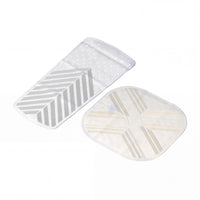 Two textured silicone bath and shower mats with geometric patterns, one rectangular and one square, top view.