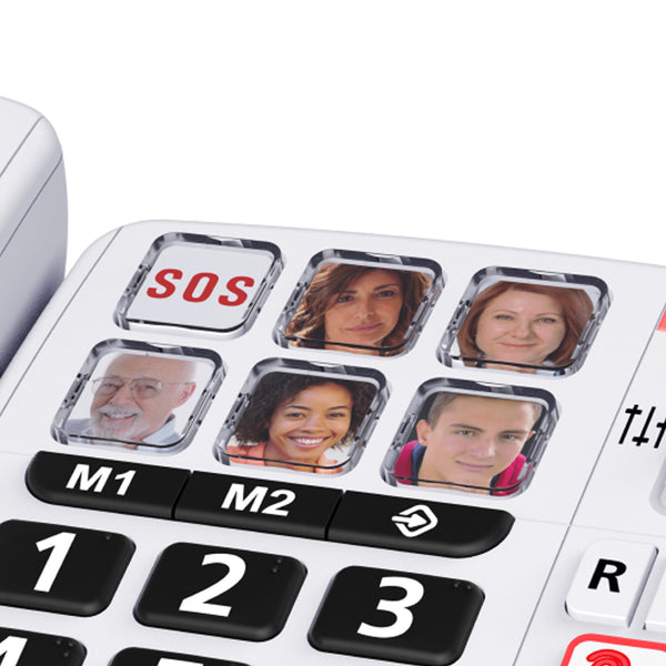 Swissvoice Xtra 1110 with large keypad, photo memory buttons, SOS label and six speed dials, M1/M2 keys close-up.