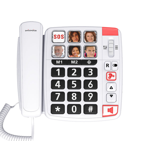 Swissvoice Xtra 1110 amplified corded phone with large buttons, photo dial, SOS button, hearing aid compatible, left side view of handset.