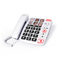 Swissvoice Xtra 1110 corded phone with large buttons, photo memory dial, SOS button and hearing aid compatibility, front view.