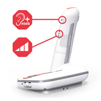 Swissvoice Xtra 2355 Duo amplified cordless phone with large buttons, volume control and photo memory keys, front view.