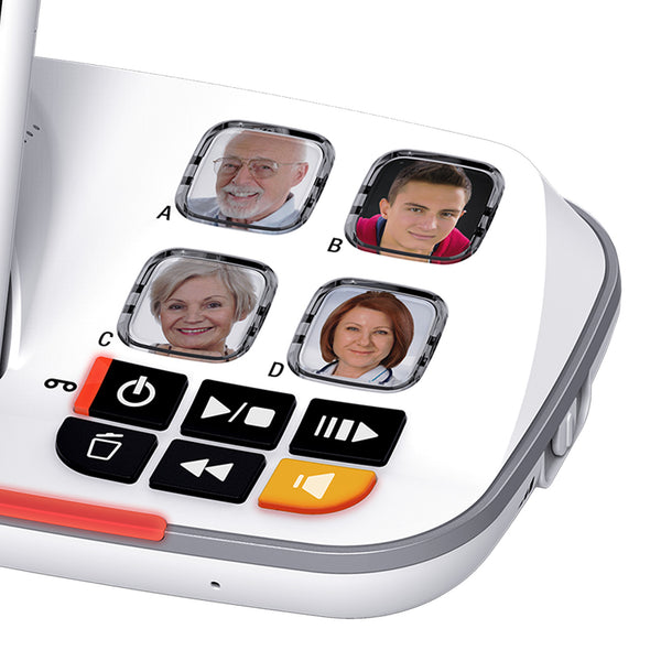Swissvoice Xtra 2355 Duo with four photo memory keys labelled A to D, each displaying a portrait for quick dialling, close-up.
