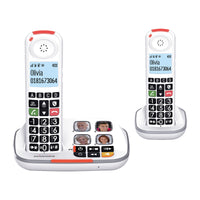 Swissvoice Xtra 2355 Duo amplified cordless phones with photo memory, large black buttons and charging bases, front view.