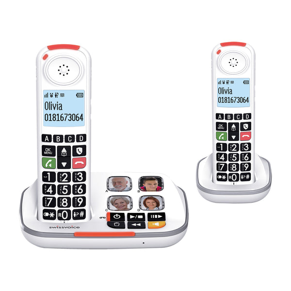 Swissvoice Xtra 2355 Duo amplified cordless phones with photo memory, large black buttons and charging bases, front view.