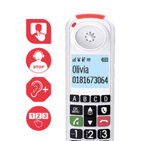 Swissvoice Xtra 2355 Duo amplified phone with large buttons, display showing Olivia 0181673064, photo memory keys and call block, front view.