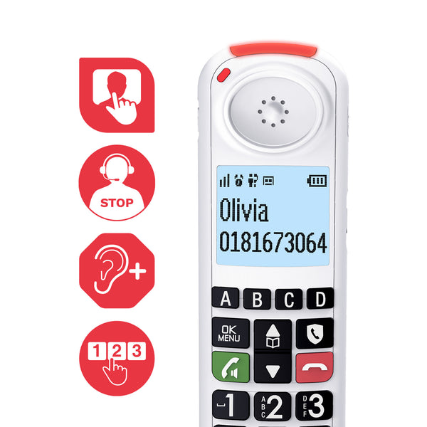 Swissvoice Xtra 2355 Duo amplified phone with large buttons, display showing Olivia 0181673064, photo memory keys and call block, front view.