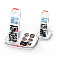 Swissvoice Xtra 2355 Duo, two cordless phones with large buttons, photo speed dials, and display showing Olivia 0181673064, front view.