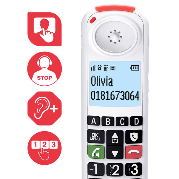 Swissvoice Xtra 55 handset with large buttons, speed dial and call blocking, designed for ease of use, front view.