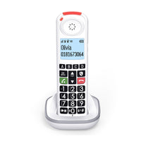 Swissvoice Xtra 55 cordless handset with large buttons, display shows name and number, front view.