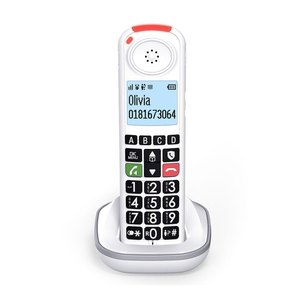 Swissvoice Xtra 55 cordless handset with large buttons, display shows name and number, front view.