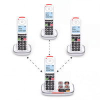Swissvoice Xtra 55 with large buttons, photo speed dial and four cordless handsets, front view.